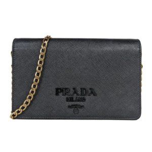 Prada Saffiano Leather Black Wallet Bag with Gold Chain